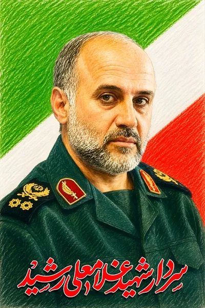 عکس پوستر شهید غلامعلی رشید در کنار پرچم ایران