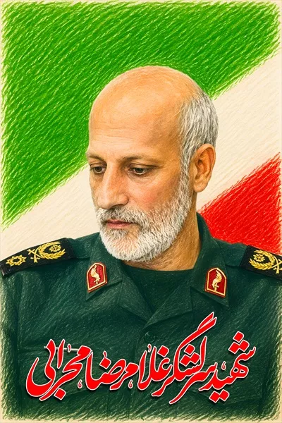 عکس پوستر شهید غلامرضا محرابی با پرچم ایران: نماد فداکاری و ملیت