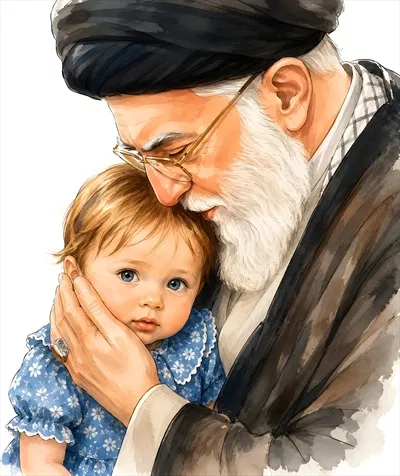 عکس نوه آیت‌الله خامنه‌ای در بغل رهبر شهید بصورت نقاشی