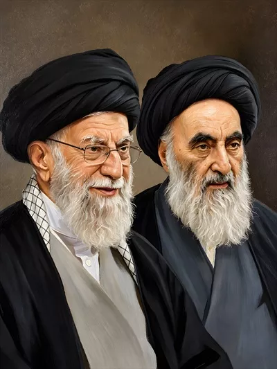 عکس آیت الله خامنه ای رهبر شهید و آیت الله سیستانی: دو مرجع تقلید بزرگ شیعه