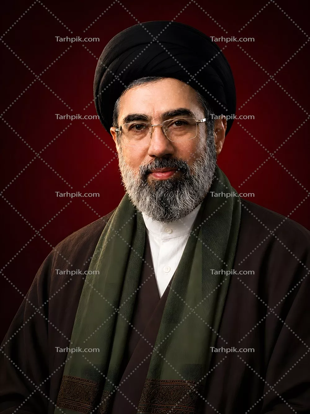عکس پرتره آیت الله مجتبی خامنه ای با شال سبز در مراسم مذهبی