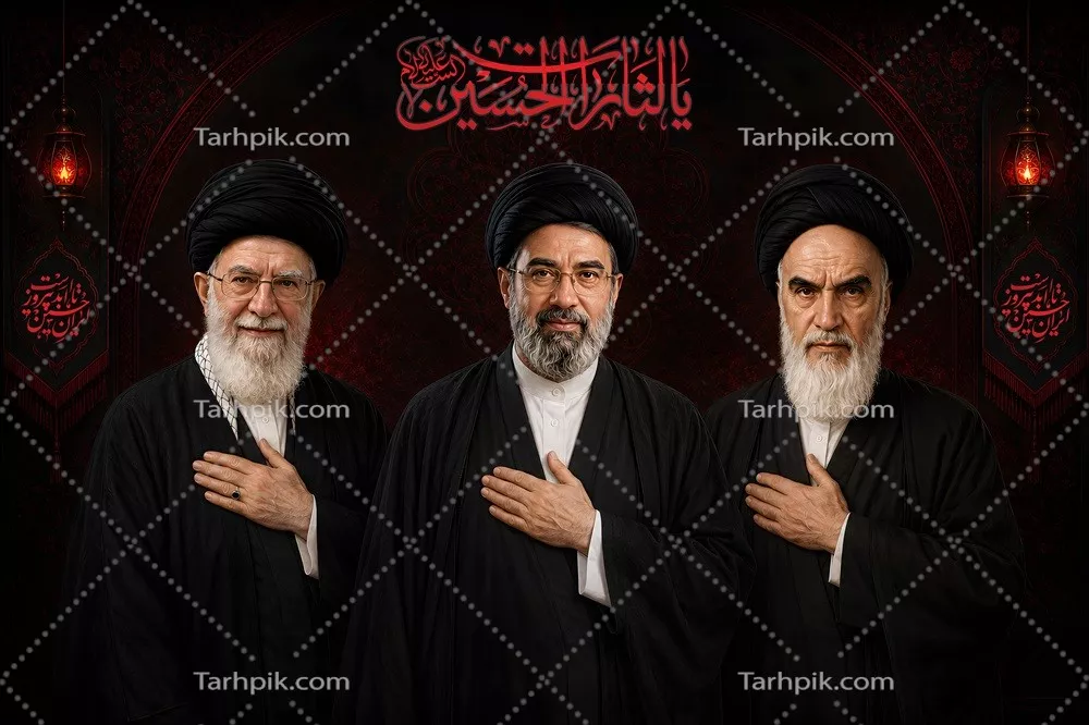 عکس رهبران ایران در اربعین با پس زمینه پرچم یالثارات الحسین