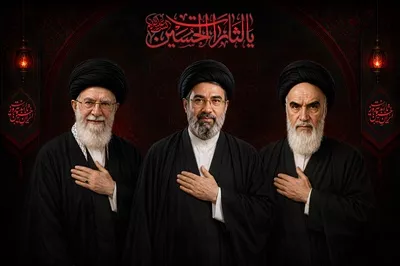 عکس رهبران ایران در اربعین با پس زمینه پرچم یالثارات الحسین