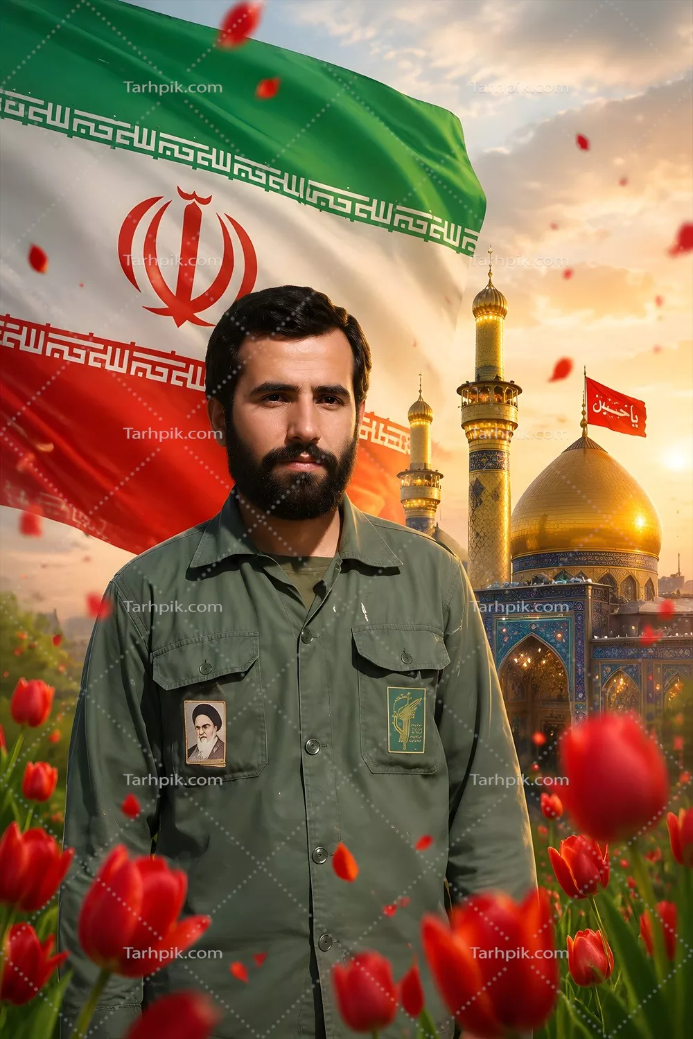 عکس شهادت علی هاشمی زرد باغ لالهها با پس زمینه حرم امام حسین و پرچم ایران
