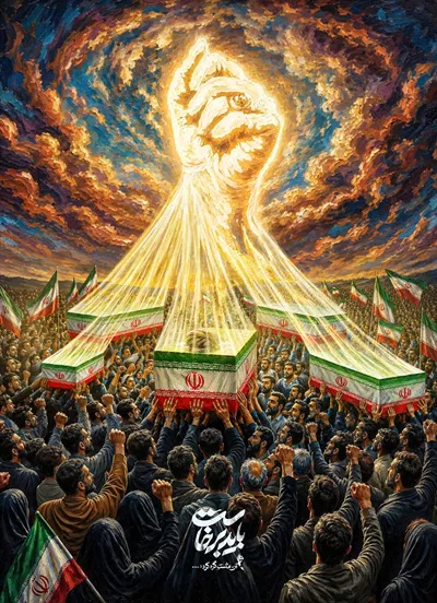 عکس پوستر مشت گره کرده بر روی تابوت رهبر شهید با طراحی تاثیرگذار
