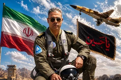 عکس خلبان شهید مجید کاظمی کنار پرچم ایران و جنگنده - نمادی از افتخار