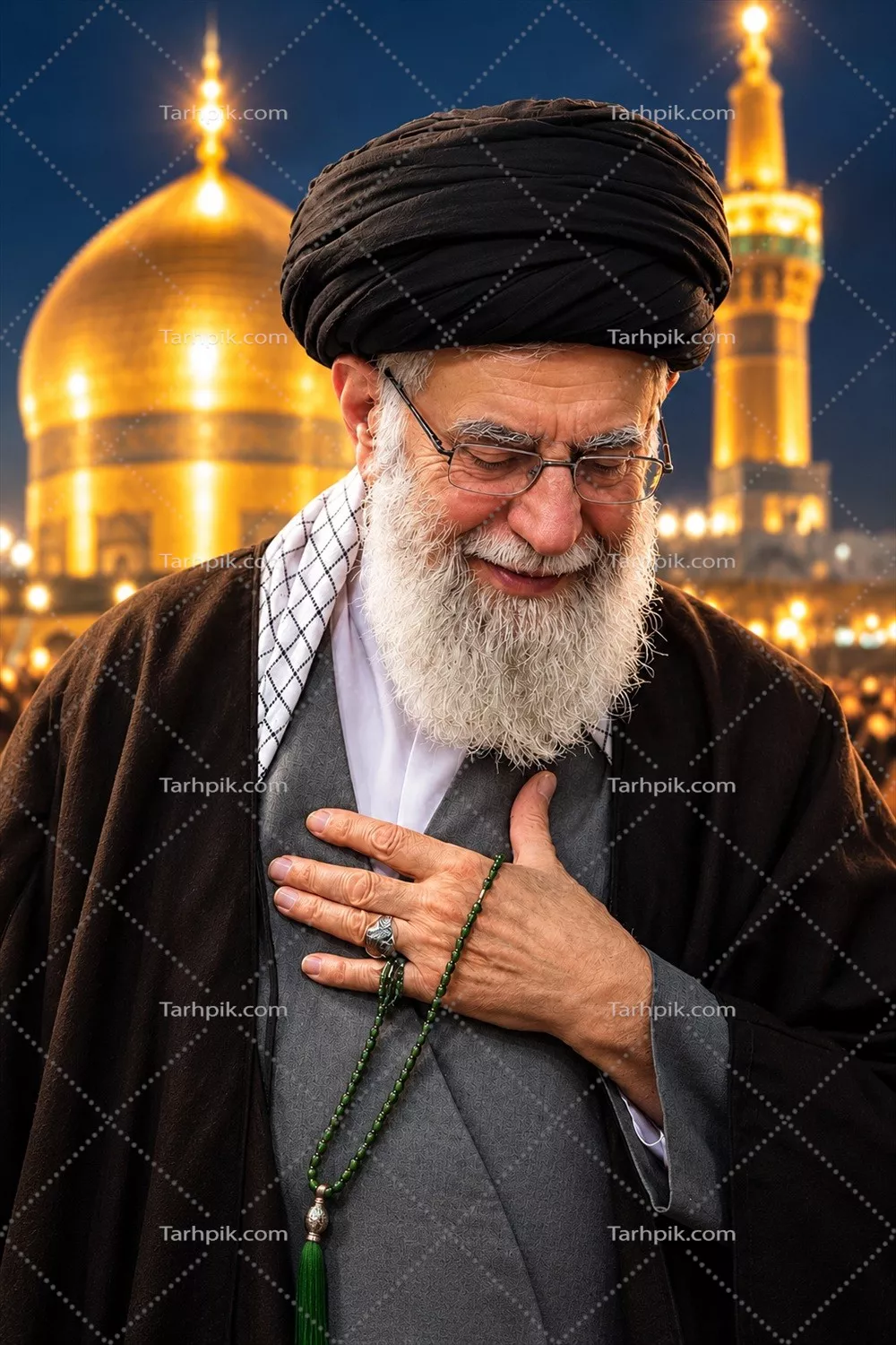 تصویر امام سید علی خامنه ای با پس زمینه حرم امام رضا در مشهد مقدس