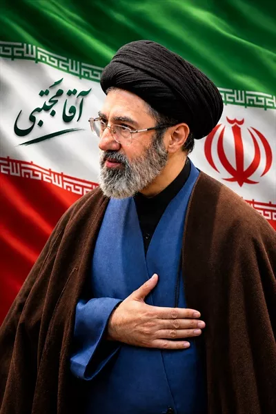 عکس رهبر جدید ایران با پس زمینه پرچم سید مجتبی خامنه ای و تحلیل وضعیت کنونی