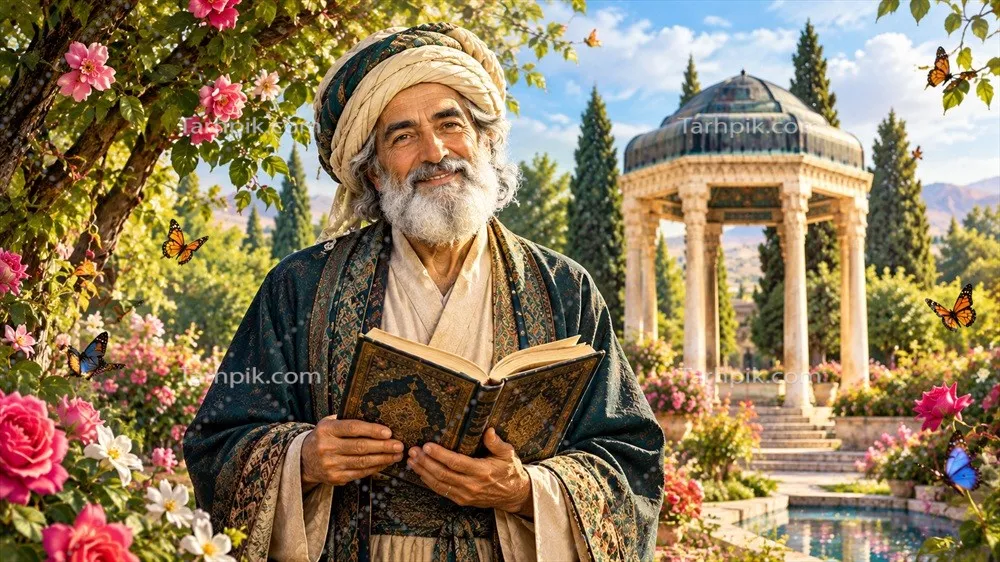 عکس روز حافظ: کتاب به دست در جلو آرامگاه