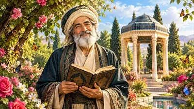 عکس روز حافظ: کتاب به دست در جلو آرامگاه