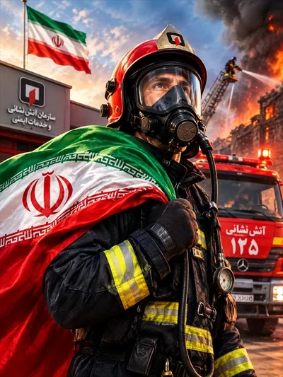 عکس آتش نشان با پرچم ایران - نماد شجاعت و فداکاری