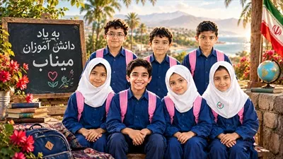 عکس دسته جمعی دانش‌آموزان شهید مدرسه میناب با تخته آموزشی